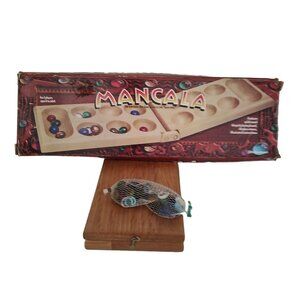 Vintage Wooden Mancala Board Game With Colorful Glass Stones Kids Entertainment